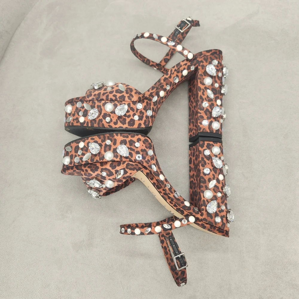 Gianni Bini Platform Sandals 8 Brown Leopard Satin Calvan Two Jeweled New $150 - Picture 9 of 17